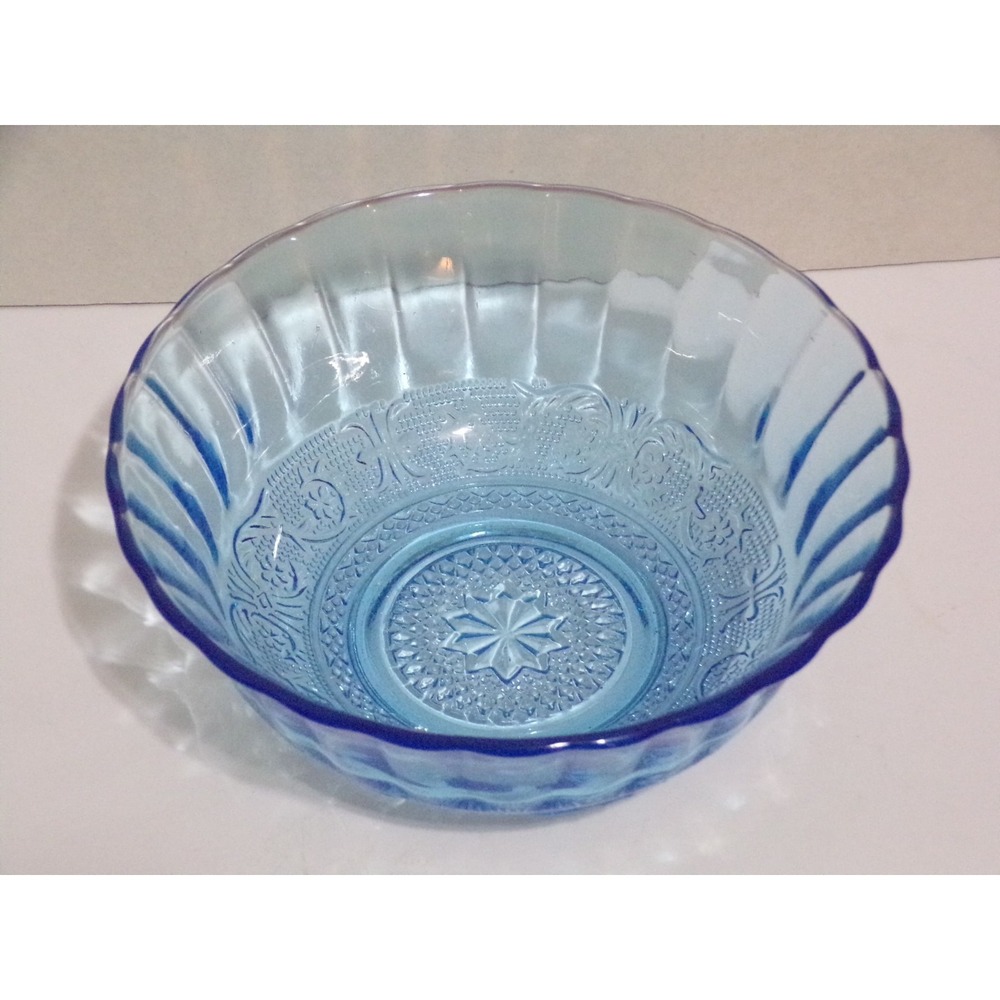 Vintage Blue Pressed Glass Bowl Ribbed Fluted Edges Embossed Star 6 3/4" Round